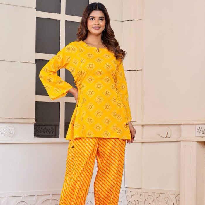 Women's Yellow Short Cotton Kurti with Side Dori Pattern and Orange Yellow Leheriya Bottom Set