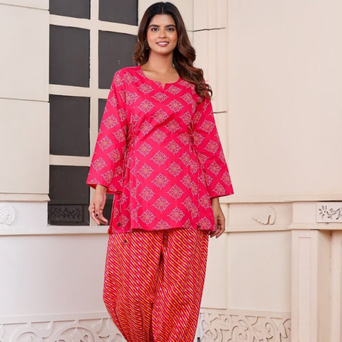 Women's Pink Short Cotton Kurti with Side Dori Pattern and Pink Orange Leheriya Bottom Set
