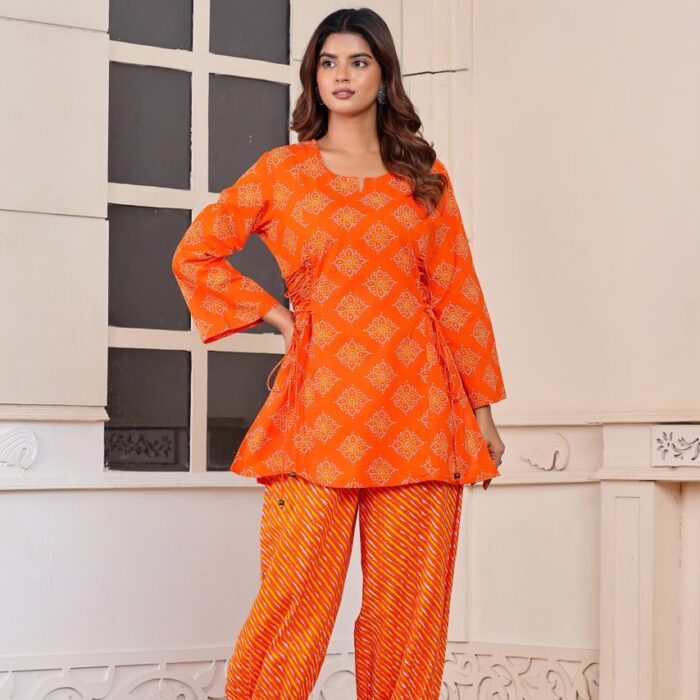 Women's Orange Short Cotton Kurti with Side Dori Pattern and Orange Leheriya Cotton Bottom Set