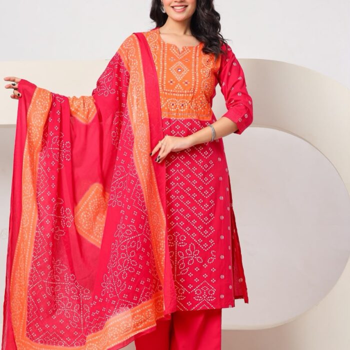 Pink Bandhani A-Line Kurti Palazzo Dupatta Set for Women