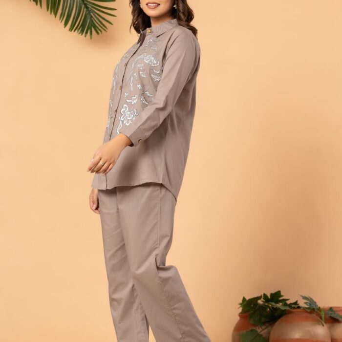 Grey floral embroidered co-ord set for women featuring a stylish full-sleeve top and matching pants.